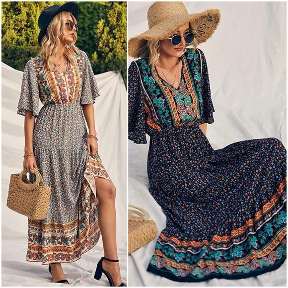 Artesia Dresses & Skirts - NWT BOHO Belted Print Maxi Dress! Flutter Sleeves. Multi Color Floral Peasant